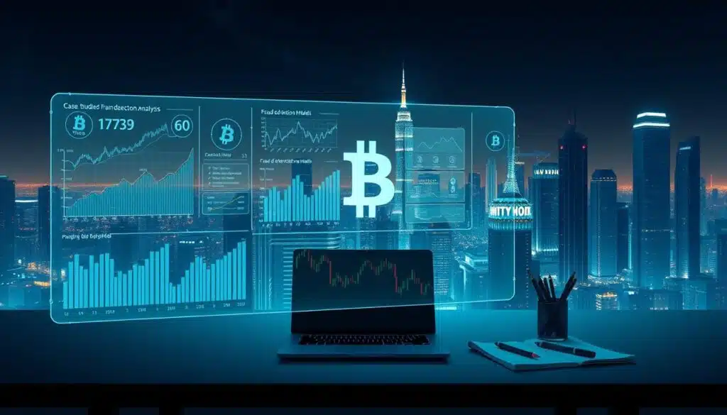 A high-quality digital illustration depicting a detailed case study analysis of bitcoin transactions. The foreground shows a transparent holographic display with interactive graphs, charts, and data visualizations representing cryptocurrency transaction patterns and fraud detection models. The middle ground features a minimalist workspace with a laptop, notepad, and writing implements, conveying a sense of focused analysis. The background showcases a futuristic cityscape with towering skyscrapers and a glowing, neon-tinged skyline, creating an atmosphere of technological innovation. The lighting is a balanced mix of directional and ambient, casting subtle shadows and highlights to accentuate the sleek, high-tech aesthetic. The overall mood is one of analytical depth, technological sophistication, and financial insights. A high-quality digital illustration depicting a detailed case study analysis of bitcoin transactions. The foreground shows a transparent holographic display with interactive graphs, charts, and data visualizations representing cryptocurrency transaction patterns and fraud detection models. The middle ground features a minimalist workspace with a laptop, notepad, and writing implements, conveying a sense of focused analysis. The background showcases a futuristic cityscape with towering skyscrapers and a glowing, neon-tinged skyline, creating an atmosphere of technological innovation. The lighting is a balanced mix of directional and ambient, casting subtle shadows and highlights to accentuate the sleek, high-tech aesthetic. The overall mood is one of analytical depth, technological sophistication, and financial insights.