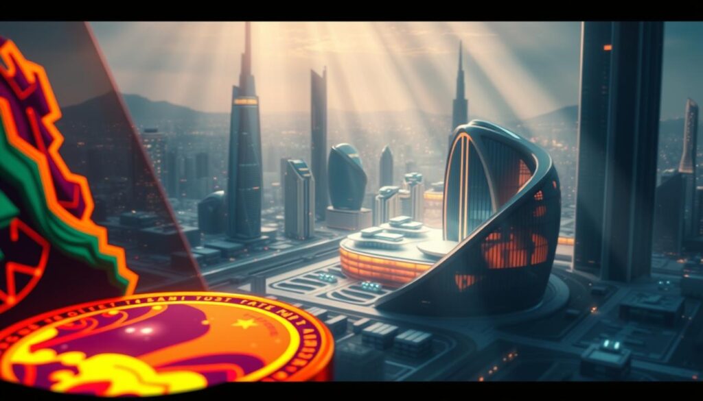 A high-resolution, cinematic illustration depicting the diverse use cases of non-fungible tokens (NFTs). In the foreground, a digital artwork NFT is showcased, its vibrant colors and intricate details captivating the viewer. In the middle ground, an NFT-based virtual real estate transaction is visualized, with a sleek, futuristic cityscape in the background. Subtle rays of soft, directional lighting illuminate the scene, creating a sense of depth and emphasizing the three-dimensional nature of the NFT ecosystem. The overall atmosphere conveys a harmonious blend of technology, creativity, and the limitless potential of digital ownership.