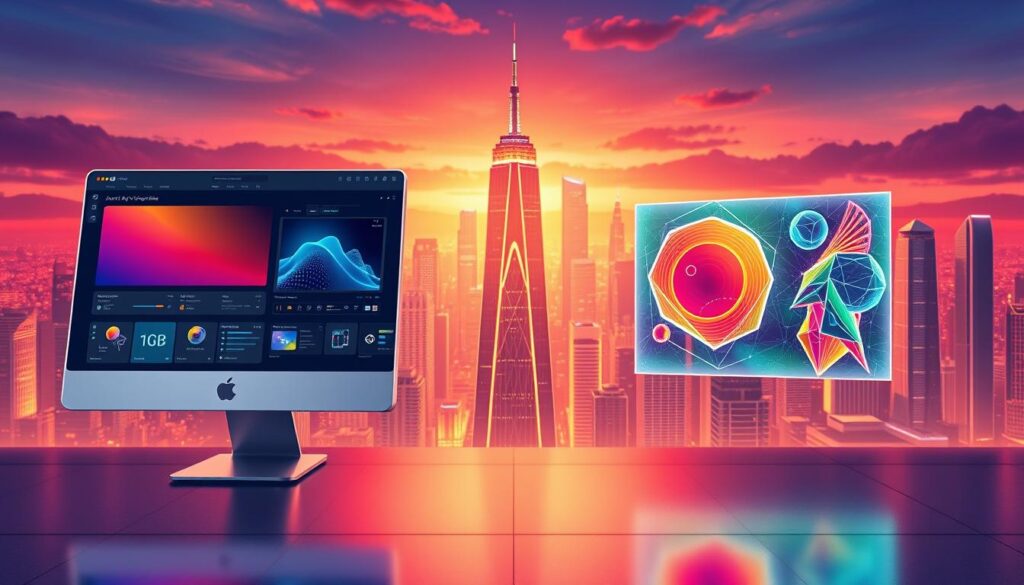 A high-resolution, detailed illustration depicting a side-by-side comparison of popular AI-powered NFT art creation platforms. The foreground showcases the distinct user interfaces and creative tools of three leading platforms, each rendered with a sleek, minimalist aesthetic. The middle ground features vibrant, futuristic digital artworks generated by each platform, highlighting their unique styles and capabilities. The background sets the scene with a cityscape of gleaming skyscrapers and a vibrant, neon-lit skyline, conveying a sense of technological innovation and artistic excellence. The overall composition has a balanced, symmetrical layout with a warm, inviting color palette and realistic lighting that casts dramatic shadows, creating depth and dimension.
