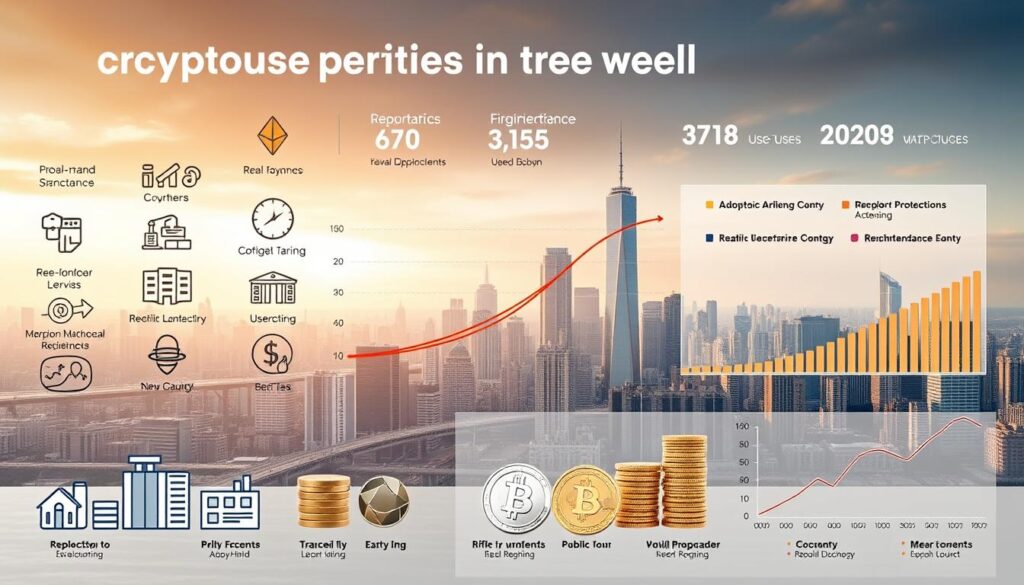 A high-resolution, detailed image of cryptocurrency adoption metrics in the real world. The foreground depicts various real-world use cases, such as retail payments, cross-border remittances, and merchant acceptance, represented by stylized icons and data visualizations. The middle ground showcases adoption curves and user growth charts for major cryptocurrencies. The background features a cityscape with skyscrapers, highlighting the integration of cryptocurrency into the urban landscape. The lighting is warm and inviting, creating a sense of progress and optimism. The overall composition conveys the increasing ubiquity and mainstream acceptance of cryptocurrencies.