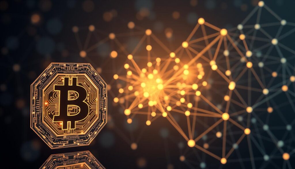 A high-resolution digital artwork depicting the core concepts of consensus mechanisms in blockchain security. In the foreground, a detailed 3D model of a blockchain node, its internals illuminated by a soft, ethereal glow. In the middle ground, a visualization of a decentralized network of nodes, each connected by intricate lines of code. In the background, abstract geometric shapes and patterns representing the complex mathematical algorithms that power blockchain consensus protocols, such as Proof-of-Work, Proof-of-Stake, and Byzantine Fault Tolerance. The overall composition conveys a sense of technological sophistication, security, and the importance of decentralization in ensuring the integrity of blockchain networks.