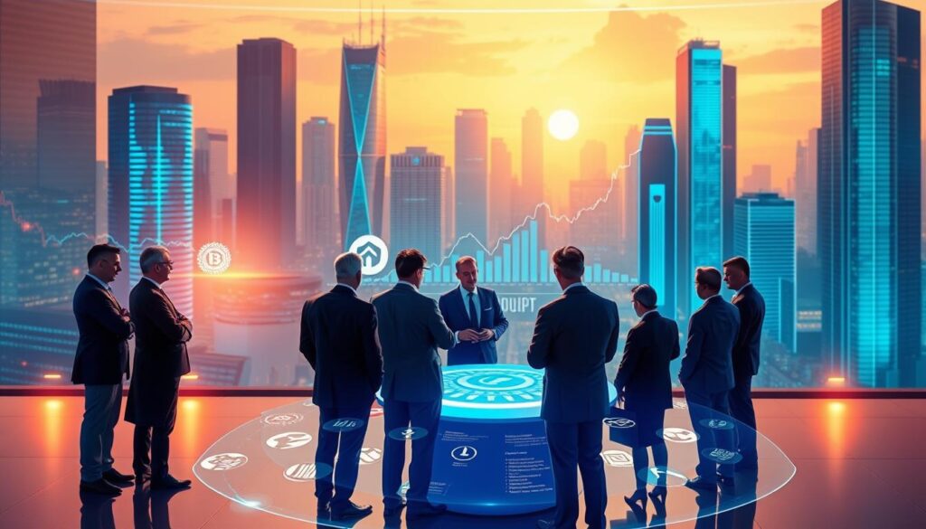 A high-resolution digital illustration depicting the trends in institutional cryptocurrency investment. The foreground shows a group of financial professionals in formal attire gathered around a large holographic display, intently analyzing investment data and market charts. The middle ground features various financial institutions' logos and symbols, conveying the diversity of stakeholders. The background showcases a futuristic cityscape with towering skyscrapers, reflecting the growing integration of crypto assets into the traditional financial landscape. The lighting is a combination of warm, ambient tones and the cool, blue hues emanating from the holographic display, creating a sophisticated and authoritative atmosphere.