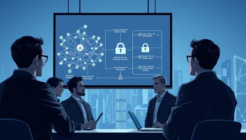 A high-resolution digital illustration of a blockchain security audit process, depicted in a sleek, minimalist style. The foreground shows a team of cybersecurity experts scrutinizing a complex blockchain network diagram projected on a large screen, their expressions focused and intense. The middle ground features a series of security verification checkpoints, with data flows, encryption protocols, and validation processes visually represented. The background showcases an abstract, geometric cityscape, symbolizing the global, decentralized nature of blockchain technology. The lighting is crisp and directional, highlighting the technical details and creating a sense of depth and sophistication. The overall mood is one of methodical, data-driven security, conveying the importance of thorough audits in maintaining the integrity of blockchain-based systems.