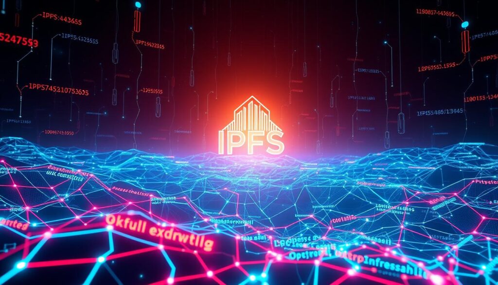 A high-resolution image of a futuristic digital landscape, showcasing various IPFS links and identifiers. The foreground features a collection of interconnected IPFS hashes, URLs, and CIDs (Content Identifiers), all glowing with a vibrant, neon-like energy. The middle ground depicts a network of nodes, servers, and data centers, conveying the decentralized nature of the IPFS system. In the background, a towering, abstract representation of the IPFS logo serves as the focal point, casting a warm, ethereal glow over the entire scene. The lighting is dramatic, with sharp contrasts and a sense of depth, highlighting the technical complexity and interconnectedness of the IPFS infrastructure. The overall mood is one of technological sophistication and innovation, reflecting the transformative potential of this decentralized storage solution. A high-resolution image of a futuristic digital landscape, showcasing various IPFS links and identifiers. The foreground features a collection of interconnected IPFS hashes, URLs, and CIDs (Content Identifiers), all glowing with a vibrant, neon-like energy. The middle ground depicts a network of nodes, servers, and data centers, conveying the decentralized nature of the IPFS system. In the background, a towering, abstract representation of the IPFS logo serves as the focal point, casting a warm, ethereal glow over the entire scene. The lighting is dramatic, with sharp contrasts and a sense of depth, highlighting the technical complexity and interconnectedness of the IPFS infrastructure. The overall mood is one of technological sophistication and innovation, reflecting the transformative potential of this decentralized storage solution.