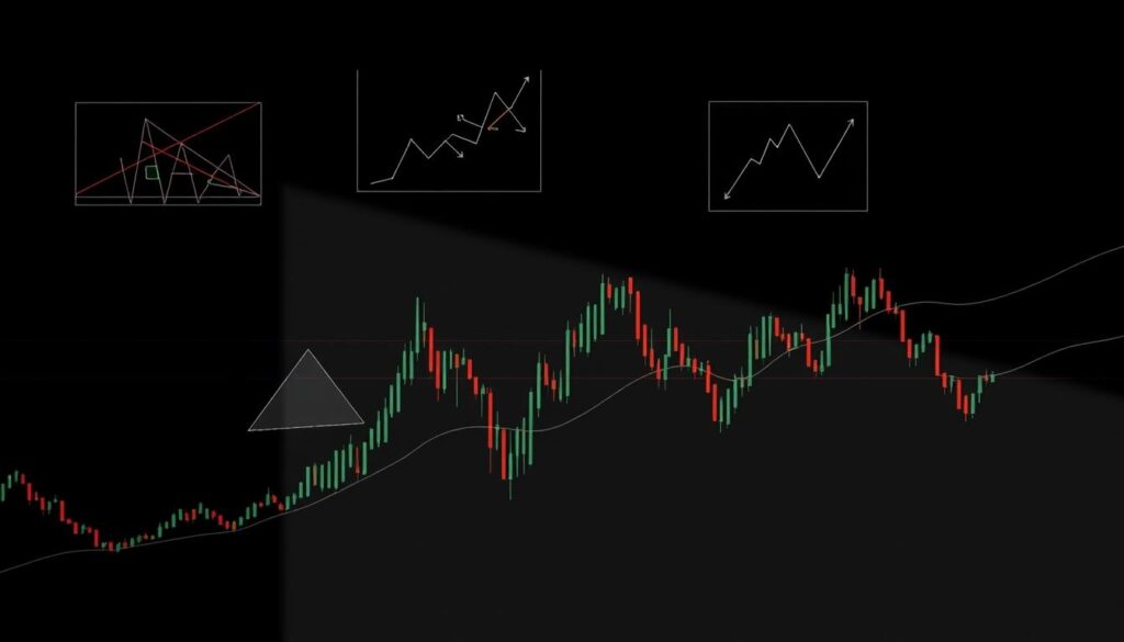 A high-resolution, photorealistic image of various chart patterns, moving averages, and trendlines against a dark, minimalist background. The patterns should be clearly visible, with clean lines and sharp edges. The trendlines should intersect and form dynamic, geometric shapes. The moving averages should flow seamlessly, highlighting the ebb and flow of the market data. The overall composition should convey a sense of technical analysis, data visualization, and the complexity of the crypto trading landscape. Utilize natural lighting from an overhead source to cast subtle shadows and highlights, enhancing the depth and dimensionality of the elements. Employ a shallow depth of field to focus the viewer's attention on the key technical indicators. A high-resolution, photorealistic image of various chart patterns, moving averages, and trendlines against a dark, minimalist background. The patterns should be clearly visible, with clean lines and sharp edges. The trendlines should intersect and form dynamic, geometric shapes. The moving averages should flow seamlessly, highlighting the ebb and flow of the market data. The overall composition should convey a sense of technical analysis, data visualization, and the complexity of the crypto trading landscape. Utilize natural lighting from an overhead source to cast subtle shadows and highlights, enhancing the depth and dimensionality of the elements. Employ a shallow depth of field to focus the viewer's attention on the key technical indicators.