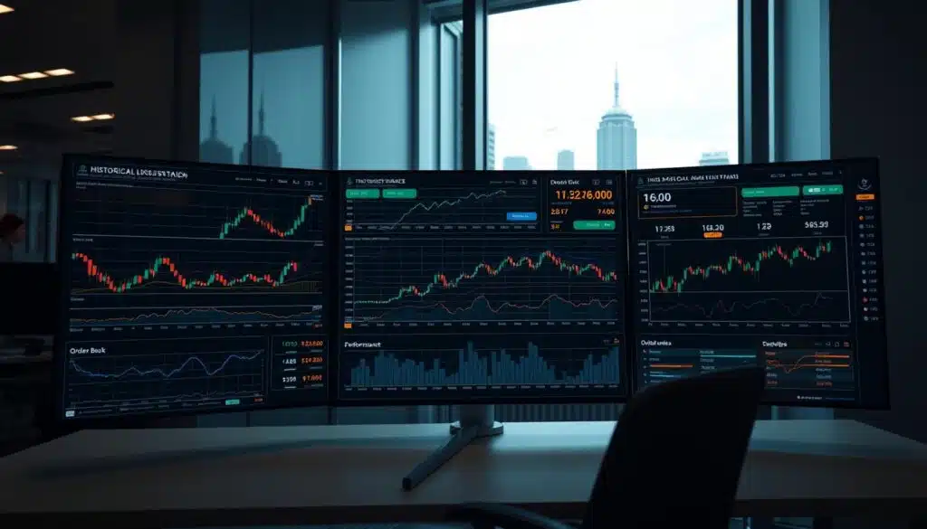 A high-resolution, wide-angle photograph of an intricate data visualization dashboard, displaying historical cryptocurrency trading data and analytics. The dashboard is set against a dimly lit office backdrop, with a clean, minimalist aesthetic. The foreground features a series of dynamic line graphs, candlestick charts, and order book visualizations, showcasing price trends, trading volume, and order flow over time. The middle ground includes various data tables, performance metrics, and technical indicators, while the background features a subtle cityscape through a large window, hinting at the global nature of the crypto markets. The lighting is soft and directional, creating a sense of depth and highlighting the precision and clarity of the data presentation.