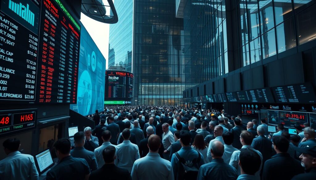 A high-resolution, wide-angle shot of a dynamic, bustling financial market. In the foreground, a large digital display board shows a variety of cryptocurrency tickers, prices, and market caps, all rendered in a clean, minimalist style. The middle ground is filled with a diverse crowd of traders, analysts, and investors, their faces obscured but their body language conveying a sense of concentration and activity. In the background, a sleek, modern office building serves as the backdrop, its glass façade reflecting the energy and movement of the market. Soft, directional lighting casts subtle shadows, creating depth and dimension. The overall mood is one of technological sophistication, data-driven decision making, and the fast-paced nature of the cryptocurrency trading landscape.