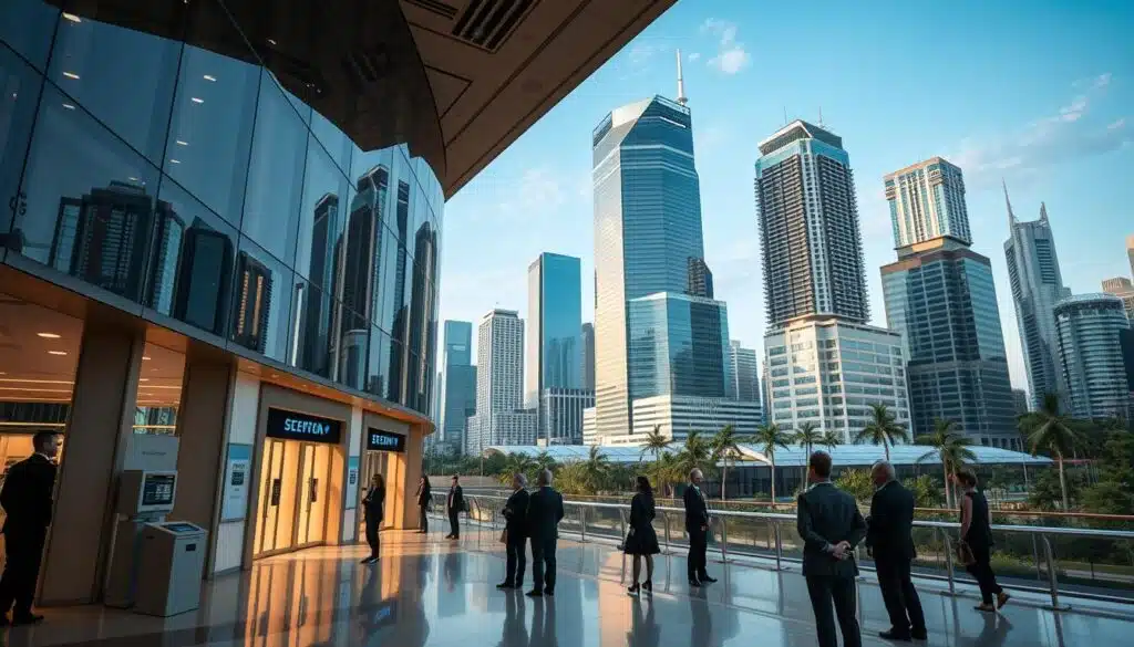 A high-security crypto exchange, with a sleek and modern architectural design. The building's exterior features a combination of glass, steel, and concrete, creating a sense of strength and stability. The lobby is filled with state-of-the-art security features, including biometric scanners, facial recognition cameras, and secure access points. The atmosphere conveys a sense of professionalism and reliability, with well-dressed employees and a calm, business-like ambiance. Soft, indirect lighting illuminates the space, creating a warm and welcoming environment. In the background, a cityscape with towering skyscrapers and a clear, blue sky serves as a backdrop, symbolizing the exchange's global reach and regulatory compliance.