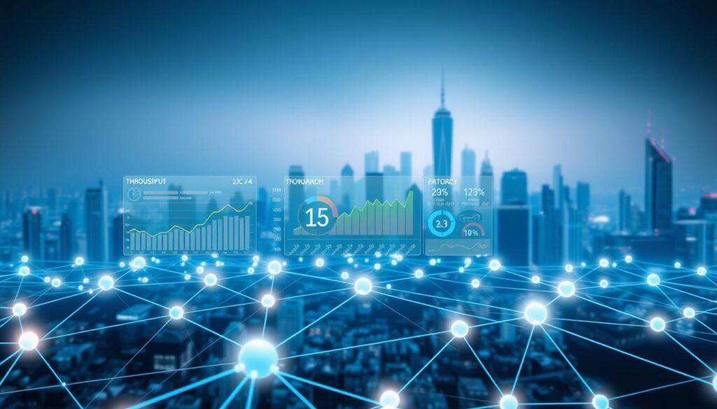A high-speed transaction illustration showcasing the key factors affecting blockchain performance. In the foreground, a stylized blockchain network with nodes rapidly processing transactions, each represented by distinct geometric shapes. The middle ground features a data visualization dashboard displaying real-time metrics like transaction throughput, latency, and network congestion. In the background, a hazy cityscape with towering skyscrapers symbolizes the scale and complexity of the global financial infrastructure. The scene is bathed in a cool, neon-tinged lighting, conveying a sense of technological prowess and the relentless pace of modern finance. A high-speed transaction illustration showcasing the key factors affecting blockchain performance. In the foreground, a stylized blockchain network with nodes rapidly processing transactions, each represented by distinct geometric shapes. The middle ground features a data visualization dashboard displaying real-time metrics like transaction throughput, latency, and network congestion. In the background, a hazy cityscape with towering skyscrapers symbolizes the scale and complexity of the global financial infrastructure. The scene is bathed in a cool, neon-tinged lighting, conveying a sense of technological prowess and the relentless pace of modern finance.