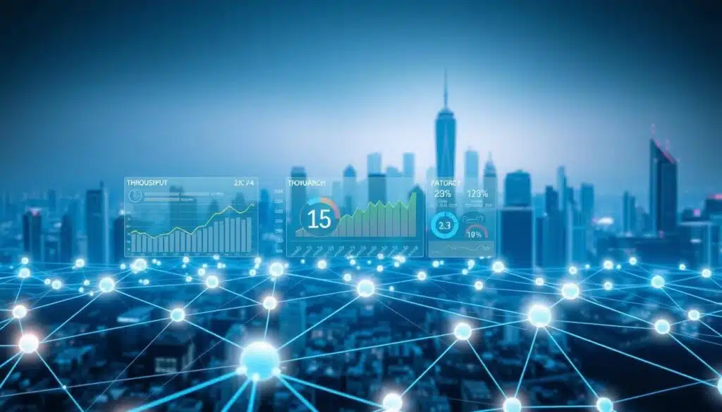 A high-speed transaction illustration showcasing the key factors affecting blockchain performance. In the foreground, a stylized blockchain network with nodes rapidly processing transactions, each represented by distinct geometric shapes. The middle ground features a data visualization dashboard displaying real-time metrics like transaction throughput, latency, and network congestion. In the background, a hazy cityscape with towering skyscrapers symbolizes the scale and complexity of the global financial infrastructure. The scene is bathed in a cool, neon-tinged lighting, conveying a sense of technological prowess and the relentless pace of modern finance.