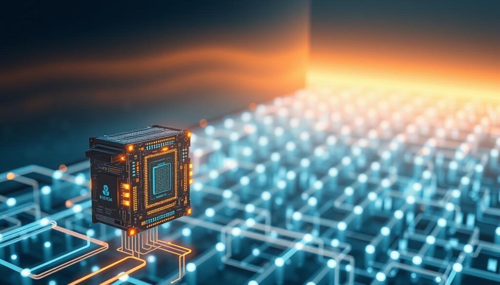 A high-tech communication verification compute model, depicted against a sleek, futuristic backdrop. In the foreground, a central processing unit hovers, its intricate circuitry and glowing interfaces casting a warm, ethereal glow. In the middle ground, holographic data streams and encrypted communication channels intertwine, conveying the seamless exchange of information. The background is dominated by a vast, gridlike network of interconnected nodes, representing the decentralized infrastructure that powers this advanced verification system. Soft, directional lighting illuminates the scene, creating a sense of depth and technological sophistication. The overall atmosphere is one of innovation, security, and the seamless integration of complex computational processes.