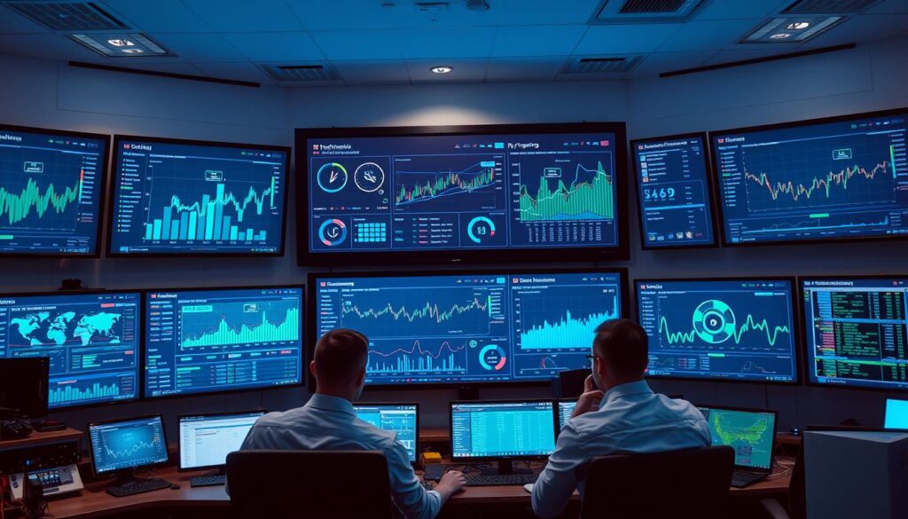 A high-tech control room with multiple large monitors displaying real-time data visualizations, graphs, and analytics related to cryptocurrency transactions and market activity. The center screen shows a comprehensive dashboard with key performance indicators, anomaly detection, and risk management metrics. Engineers in the foreground intensely monitoring the systems, making adjustments as needed. Soft blue and green lighting illuminates the scene, creating a calming yet focused atmosphere. The room is filled with the quiet hum of servers and the occasional beep of alerts. An air of efficiency and vigilance permeates the space as the team stays ever-vigilant, ensuring the smooth and compliant operation of the cryptocurrency platform.