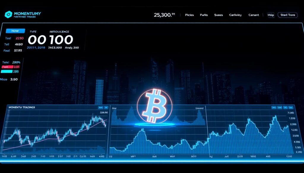 A high-tech cryptocurrency trading dashboard with a sleek, minimalist design. In the foreground, a series of interactive momentum trading indicators and technical analysis charts glowing with a cool, neon-like luminescence. The middle ground features a stylized 3D render of a cryptocurrency symbol, rotating subtly against a backdrop of a dark, futuristic cityscape. Dramatic lighting creates sharp contrasts and shadows, evoking a sense of precision and intensity. The overall mood is one of cutting-edge technology, data-driven insights, and the fast-paced world of cryptocurrency trading.