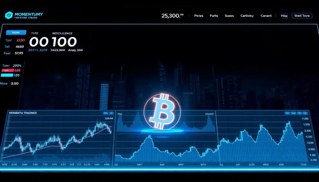 A high-tech cryptocurrency trading dashboard with a sleek, minimalist design. In the foreground, a series of interactive momentum trading indicators and technical analysis charts glowing with a cool, neon-like luminescence. The middle ground features a stylized 3D render of a cryptocurrency symbol, rotating subtly against a backdrop of a dark, futuristic cityscape. Dramatic lighting creates sharp contrasts and shadows, evoking a sense of precision and intensity. The overall mood is one of cutting-edge technology, data-driven insights, and the fast-paced world of cryptocurrency trading.