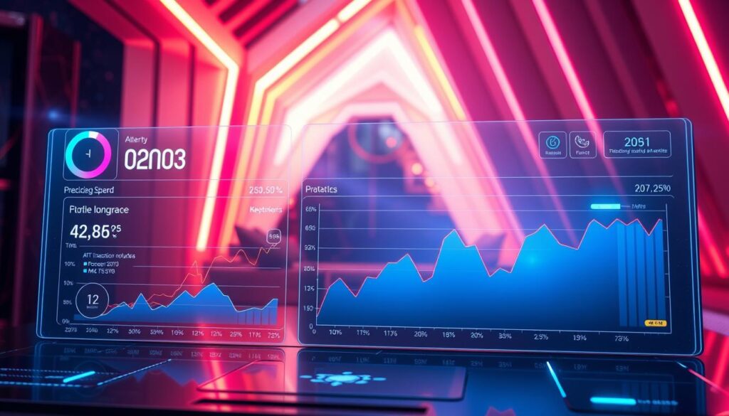 A high-tech dashboard displaying real-time performance metrics for an AI-powered NFT art creation platform. Sleek, minimalist interface with holographic-style data visualizations in the foreground. Vibrant neon accents and angular, futuristic architecture in the background, suggesting a cutting-edge digital landscape. Soft, warm lighting casts a futuristic glow, creating an immersive, technologically-advanced atmosphere. Precise, technical details like processing speeds, transaction volumes, and user engagement metrics are prominently featured, conveying the platform's sophisticated analytics capabilities.