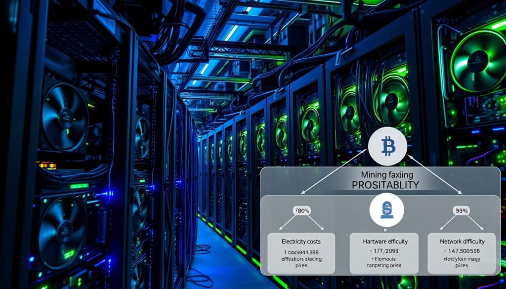 A high-tech data center bustling with rows of powerful mining rigs, their fans whirring and cooling systems humming. Sleek black metal casings housing state-of-the-art ASIC chips, processing complex mathematical algorithms with blinding speed. Ambient blue and green lighting cast an ethereal glow, illuminating the intricate wiring and heat sinks. In the foreground, a detailed diagram illustrates the key factors influencing mining profitability - electricity costs, hardware efficiency, network difficulty, and cryptocurrency prices. The overall scene conveys the precise, technical nature of the cryptocurrency mining process. A high-tech data center bustling with rows of powerful mining rigs, their fans whirring and cooling systems humming. Sleek black metal casings housing state-of-the-art ASIC chips, processing complex mathematical algorithms with blinding speed. Ambient blue and green lighting cast an ethereal glow, illuminating the intricate wiring and heat sinks. In the foreground, a detailed diagram illustrates the key factors influencing mining profitability - electricity costs, hardware efficiency, network difficulty, and cryptocurrency prices. The overall scene conveys the precise, technical nature of the cryptocurrency mining process.