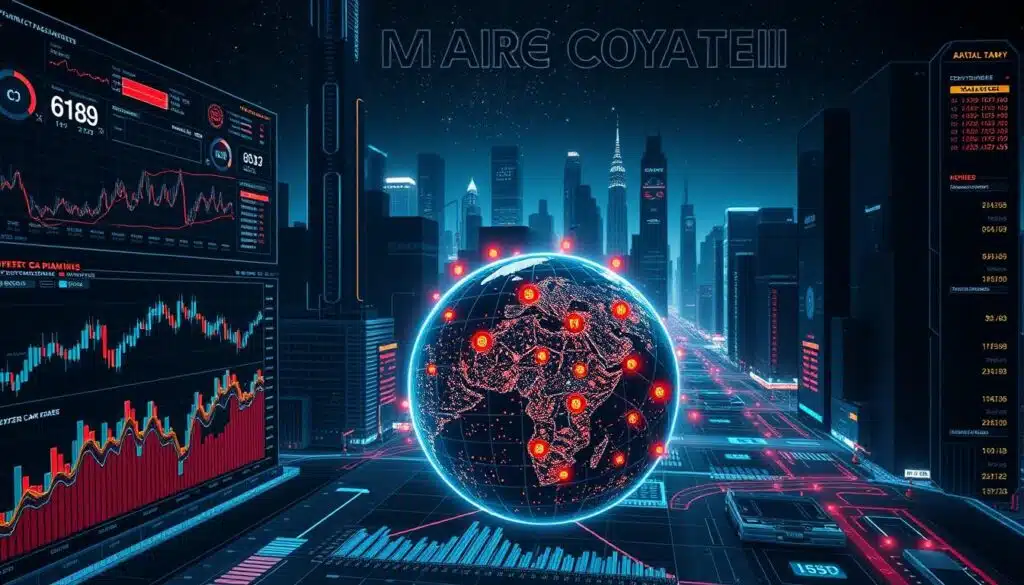 A high-tech data visualization dashboard depicting a deep dive into cryptocurrency market cap ranking analysis. The foreground showcases detailed cryptocurrency charts, candlestick graphs, and market trend indicators rendered in a sleek, futuristic style. The middle ground features a 3D globe highlighting the global distribution of cryptocurrency adoption, with dynamic data points pulsing across continents. The background depicts a dark, moody cityscape with towering skyscrapers, neon-lit streets, and a starry night sky, creating a cyberpunk-inspired atmosphere. Bright, holographic user interface elements and precise data visualizations permeate the scene, conveying the complex yet captivating nature of in-depth cryptocurrency market analysis.