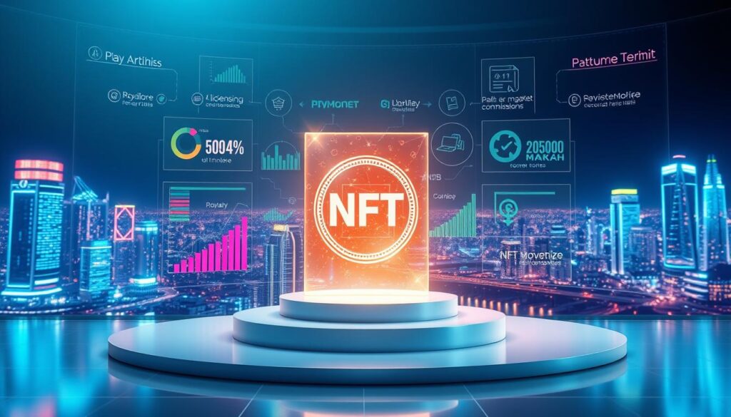 A high-tech digital canvas with a central focus on an NFT artwork, surrounded by various monetization strategies. In the foreground, a virtual podium showcases a shimmering, holographic NFT piece, drawing the viewer's attention. The middle ground features vibrant graphs, charts, and icons representing different revenue streams - from royalties and licensing to secondary market sales and platform commissions. The background has a futuristic, neon-infused cityscape, hinting at the vast digital landscape where NFT monetization thrives. Soft, diffused lighting creates a sleek, sophisticated atmosphere, while a cinematic camera angle suggests the grand scale and significance of the subject matter.