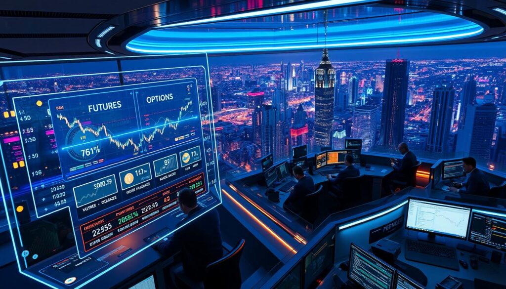 A high-tech digital trading hub, with a sleek and futuristic atmosphere. In the foreground, a holographic display showcases a variety of cryptocurrency trading strategies, including futures, options, and derivatives. The middle ground features a team of traders intensely focused on their screens, analyzing market data and executing trades. The background is a panoramic cityscape, with towering skyscrapers and a vibrant, neon-lit skyline. The lighting is a blend of cool, technical tones and warm, dynamic highlights, creating a sense of energy and dynamism. The camera angle is slightly elevated, providing an immersive, bird's-eye view of the scene. A high-tech digital trading hub, with a sleek and futuristic atmosphere. In the foreground, a holographic display showcases a variety of cryptocurrency trading strategies, including futures, options, and derivatives. The middle ground features a team of traders intensely focused on their screens, analyzing market data and executing trades. The background is a panoramic cityscape, with towering skyscrapers and a vibrant, neon-lit skyline. The lighting is a blend of cool, technical tones and warm, dynamic highlights, creating a sense of energy and dynamism. The camera angle is slightly elevated, providing an immersive, bird's-eye view of the scene.