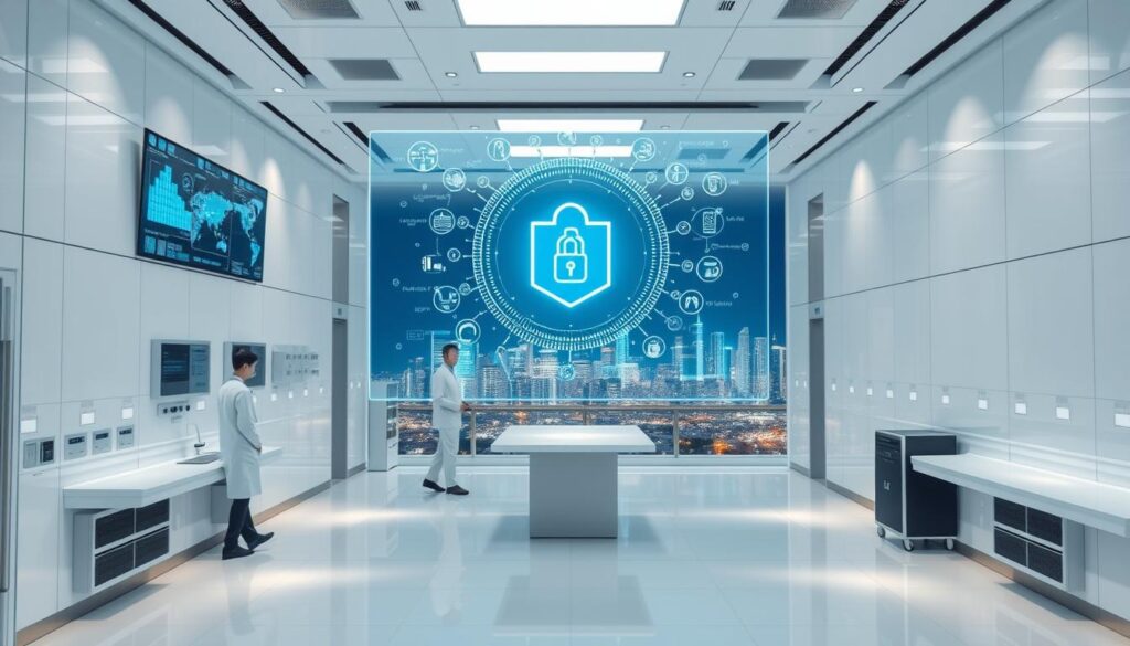 A high-tech medical facility, its gleaming white walls adorned with digital displays showcasing intricate blockchain data visualizations. In the foreground, a holographic interface hovers, with healthcare professionals seamlessly interacting with encrypted patient records. The middle ground features a sleek, minimalist workspace where data analysts pore over insights, surrounded by the hum of servers. The background reveals a panoramic view of a futuristic city skyline, symbolizing the widespread integration of blockchain technology in healthcare data management.