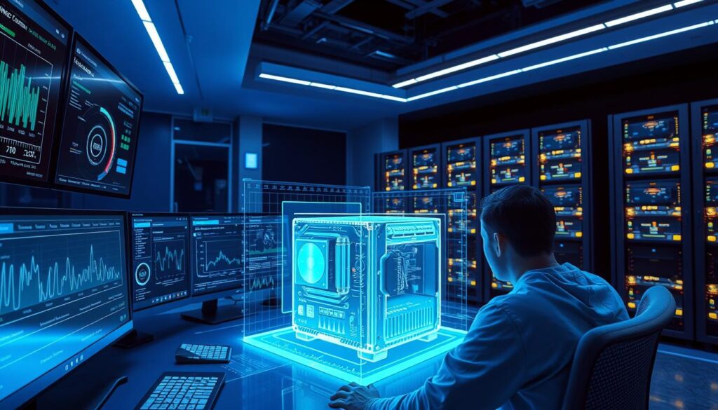 A high-tech mining control room with sleek, minimalist interfaces displaying real-time performance analytics. The room is bathed in a cool, blue-tinted lighting, creating an atmosphere of calm efficiency. In the foreground, a technician intently monitors multiple screens, optimizing algorithms to squeeze out every last drop of profitability. The middle ground features a 3D holographic display of a cryptocurrency mining rig, its components glowing with data visualizations. In the background, towering server racks hum with the sound of computation, symbolizing the industrial scale of modern crypto mining operations. A high-tech mining control room with sleek, minimalist interfaces displaying real-time performance analytics. The room is bathed in a cool, blue-tinted lighting, creating an atmosphere of calm efficiency. In the foreground, a technician intently monitors multiple screens, optimizing algorithms to squeeze out every last drop of profitability. The middle ground features a 3D holographic display of a cryptocurrency mining rig, its components glowing with data visualizations. In the background, towering server racks hum with the sound of computation, symbolizing the industrial scale of modern crypto mining operations.