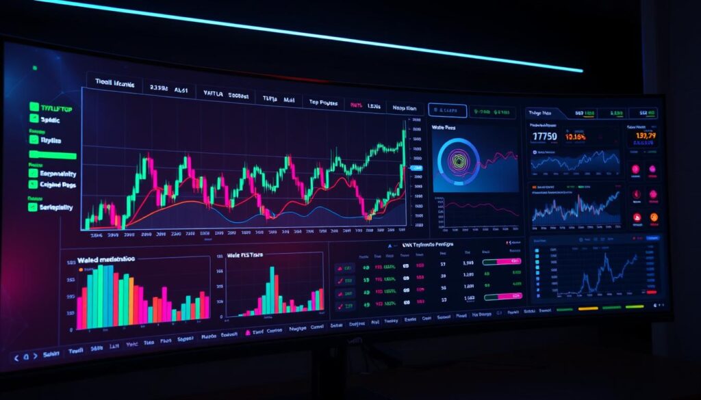 A high-tech, real-time crypto monitoring dashboard displayed on a sleek, curved ultrawide monitor. The foreground features an array of colorful line graphs, candlestick charts, and market tickers streaming live data. The middle ground showcases detailed tables and analytics panels providing in-depth insights into whale movements, trading volumes, and price trends. The background is a minimalist, dark-themed interface with subtle holographic overlays, creating a futuristic and immersive atmosphere. Vibrant neon accents, a cool color palette, and dramatic studio lighting evoke a sense of technological sophistication and data-driven decision making. A high-tech, real-time crypto monitoring dashboard displayed on a sleek, curved ultrawide monitor. The foreground features an array of colorful line graphs, candlestick charts, and market tickers streaming live data. The middle ground showcases detailed tables and analytics panels providing in-depth insights into whale movements, trading volumes, and price trends. The background is a minimalist, dark-themed interface with subtle holographic overlays, creating a futuristic and immersive atmosphere. Vibrant neon accents, a cool color palette, and dramatic studio lighting evoke a sense of technological sophistication and data-driven decision making.