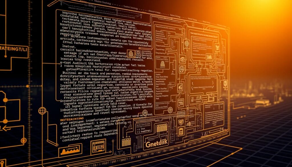 A high-tech secure smart contract blueprint, illuminated by a warm, focused light source. In the foreground, a complex network of interlocking code segments and cryptographic safeguards, rendered in a clean, technical style. The middle ground features abstracted icons and symbols representing authorization, validation, and enforcement mechanisms. In the background, a gridded digital landscape stretches out, hinting at the broader blockchain ecosystem. The overall mood is one of precision, reliability, and advanced security protocols safeguarding mission-critical transactions.
