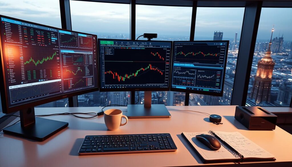 A high-tech trading desk, bathed in the glow of multiple monitors displaying real-time financial data, charts, and analytical tools. In the foreground, a sleek, minimalist keyboard and mouse setup, alongside a cup of coffee and a notebook filled with scribbled notes. The middle ground features a trio of widescreen displays, each showcasing different crypto trading platforms, portfolio trackers, and advanced technical analysis interfaces. In the background, a large, panoramic window offers a view of a bustling cityscape, hinting at the global scale of the cryptocurrency markets. The scene conveys a sense of focused intensity, with a clean, modern aesthetic that reflects the cutting-edge nature of the tools and resources available to the discerning crypto trader.