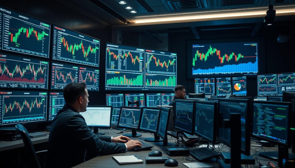 A high-tech trading platform displaying real-time cryptocurrency market data and analytics on multiple large screens. In the foreground, a trader sits at a desk, intently studying the charts and graphs, making decisions using advanced AI-powered trading algorithms. The middle ground features a cluttered array of digital devices, keyboards, and trading terminals, conveying the fast-paced, data-driven nature of crypto derivatives trading. The background is dimly lit, with a sense of urgency and focus, emphasizing the importance of split-second decisions in this volatile market. Precise lighting, sleek modern design, and a cool, industrial color palette create a professional, cutting-edge atmosphere. A high-tech trading platform displaying real-time cryptocurrency market data and analytics on multiple large screens. In the foreground, a trader sits at a desk, intently studying the charts and graphs, making decisions using advanced AI-powered trading algorithms. The middle ground features a cluttered array of digital devices, keyboards, and trading terminals, conveying the fast-paced, data-driven nature of crypto derivatives trading. The background is dimly lit, with a sense of urgency and focus, emphasizing the importance of split-second decisions in this volatile market. Precise lighting, sleek modern design, and a cool, industrial color palette create a professional, cutting-edge atmosphere.