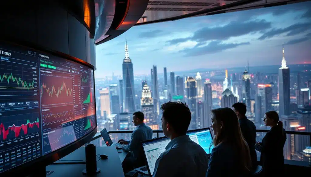 A high-tech trading platform with a sleek, modern interface. The foreground features a large curved display showing real-time market data and analytics dashboards. In the middle ground, a group of traders intently monitoring their screens, their faces lit by the glow of the displays. The background showcases a panoramic cityscape, with towering skyscrapers and a vibrant, futuristic atmosphere. Dramatic lighting casts long shadows, creating a sense of depth and drama. The overall scene conveys the intensity, precision, and power of AI-driven crypto futures trading strategies.