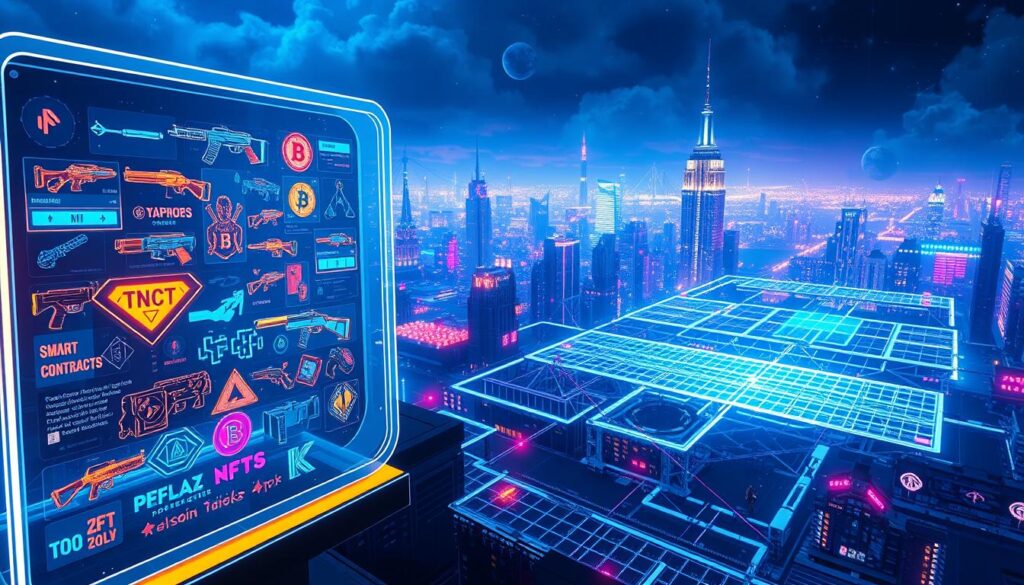 A highly detailed and futuristic scene depicting the key elements of NFT and crypto gaming. In the foreground, a holographic display showcases a variety of in-game assets, including weapons, characters, and power-ups, all represented as vivid NFTs. In the middle ground, a complex network of smart contracts and blockchain ledgers are visualized as a glowing, interconnected matrix. The background features a sprawling, technologically advanced city skyline, bathed in a cool, neon-tinged lighting that creates an immersive, cyberpunk atmosphere. The overall composition conveys the seamless integration of blockchain technology, digital ownership, and the future of interactive gaming experiences.