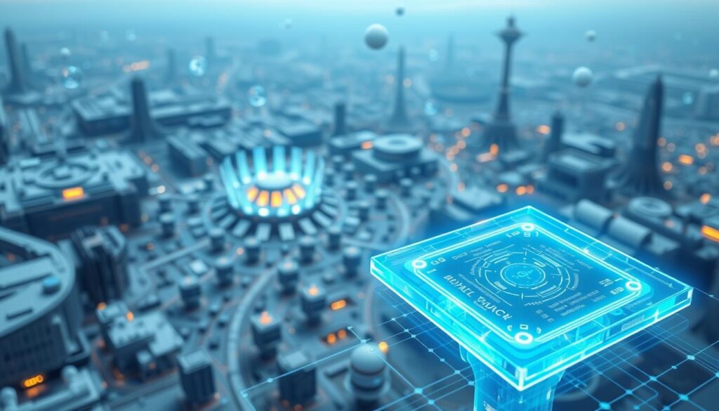 A highly detailed and technical digital illustration depicting a meticulously designed smart contract. In the foreground, a translucent holographic interface showcases the contract's fine-tuned parameters and mechanisms, glowing with an ethereal blue hue. The middle ground features a cluster of blockchain nodes, rendered in a sleek, minimalist style, symbolizing the decentralized network that powers the contract. In the background, a vast landscape of futuristic architecture and floating data structures creates a sense of scale and complexity, suggesting the broader ecosystem in which the smart contract operates. The overall mood is one of precision, innovation, and the seamless integration of technology and finance.