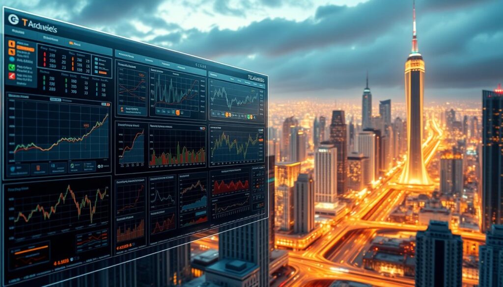 A highly detailed data visualization dashboard showcasing advanced trading models and risk analysis for cryptocurrency investment. The foreground displays a sleek, holographic user interface with interactive charts, graphs, and analytics panels. The middle ground features an array of statistical models, machine learning algorithms, and complex risk assessment frameworks. The background is a stunning cityscape of a futuristic metropolis, reflecting the cutting-edge technology and innovation driving the cryptocurrency markets. Dramatic lighting casts a warm, energetic glow, creating a sense of dynamism and forward momentum. The overall composition conveys the power and sophistication of modern cryptocurrency trading strategies. A highly detailed data visualization dashboard showcasing advanced trading models and risk analysis for cryptocurrency investment. The foreground displays a sleek, holographic user interface with interactive charts, graphs, and analytics panels. The middle ground features an array of statistical models, machine learning algorithms, and complex risk assessment frameworks. The background is a stunning cityscape of a futuristic metropolis, reflecting the cutting-edge technology and innovation driving the cryptocurrency markets. Dramatic lighting casts a warm, energetic glow, creating a sense of dynamism and forward momentum. The overall composition conveys the power and sophistication of modern cryptocurrency trading strategies.