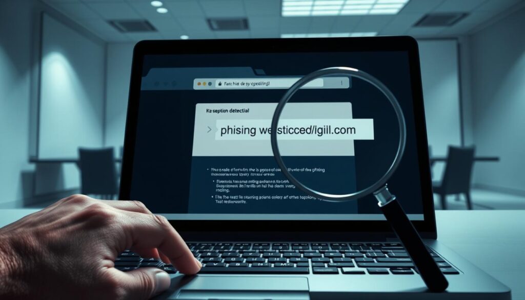 A highly detailed, photorealistic illustration of a phishing detection scenario. In the foreground, a person's hand hovers over a laptop keyboard, hesitating before clicking a suspicious email link. The laptop screen displays a phishing website impersonating a trusted brand, with subtle visual cues that reveal the deception. In the middle ground, a magnifying glass examines the URL, highlighting the discrepancies. The background is a minimalist office setting, bathed in cool, directional lighting that emphasizes the tension of the moment. The overall mood is one of cautious scrutiny, highlighting the importance of vigilance against online scams.