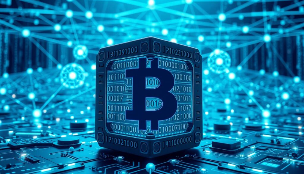 A highly detailed, technical illustration of blockchain components. In the foreground, a 3D model of a cryptographic block with a geometric pattern of ones and zeros etched into its surface, glowing with a soft blue luminance. Behind it, a network of interconnected nodes represented as spheres pulsing with data streams. In the background, a vast digital landscape of interlocking chains, databases, and computational arrays, illuminated by a cool, futuristic lighting. The overall scene conveys a sense of complex, interdependent systems working together to maintain the integrity and security of a distributed ledger. A highly detailed, technical illustration of blockchain components. In the foreground, a 3D model of a cryptographic block with a geometric pattern of ones and zeros etched into its surface, glowing with a soft blue luminance. Behind it, a network of interconnected nodes represented as spheres pulsing with data streams. In the background, a vast digital landscape of interlocking chains, databases, and computational arrays, illuminated by a cool, futuristic lighting. The overall scene conveys a sense of complex, interdependent systems working together to maintain the integrity and security of a distributed ledger.