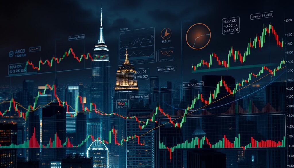 A highly detailed, technical illustration of various financial analysis indicators commonly used in the Bitcoin (BTC) trading market. The scene depicts an array of dynamic charts, graphs, and visualizations against a backdrop of a dark, moody cityscape with skyscrapers and a night sky. The indicators include candlestick patterns, moving averages, Bollinger Bands, MACD, RSI, and others, all rendered with a high level of photorealism and precision. The lighting is dramatic, with highlights and shadows accentuating the technical details. The composition creates a sense of depth and complexity, reflecting the nuanced nature of technical analysis in the cryptocurrency space. A highly detailed, technical illustration of various financial analysis indicators commonly used in the Bitcoin (BTC) trading market. The scene depicts an array of dynamic charts, graphs, and visualizations against a backdrop of a dark, moody cityscape with skyscrapers and a night sky. The indicators include candlestick patterns, moving averages, Bollinger Bands, MACD, RSI, and others, all rendered with a high level of photorealism and precision. The lighting is dramatic, with highlights and shadows accentuating the technical details. The composition creates a sense of depth and complexity, reflecting the nuanced nature of technical analysis in the cryptocurrency space.