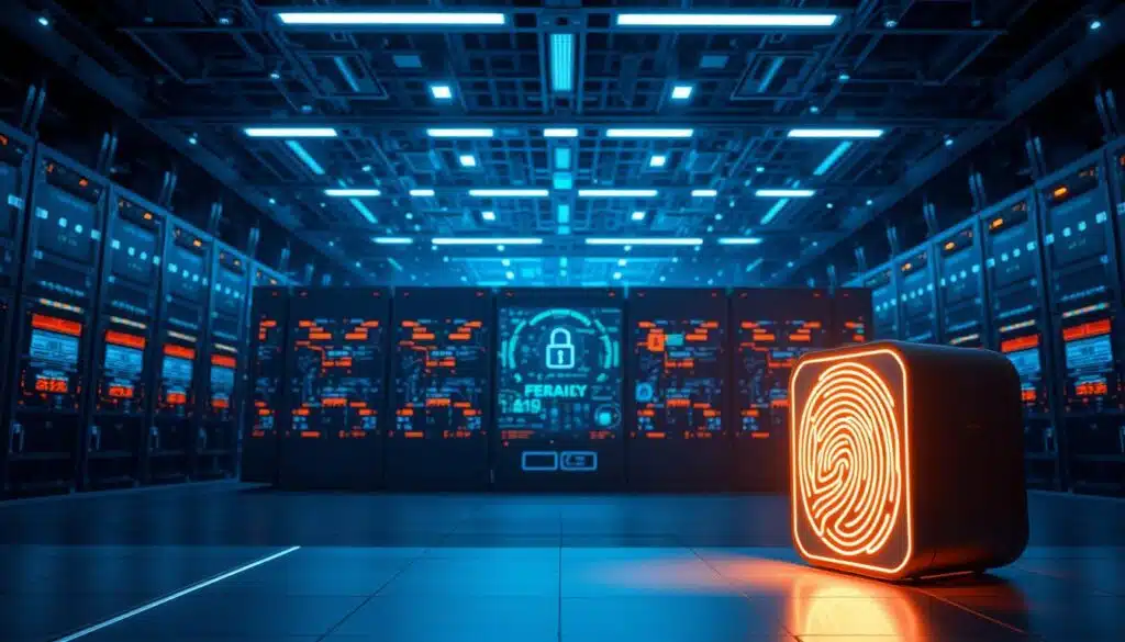 A highly realistic digital identity verification system set against a futuristic backdrop. In the foreground, a glowing fingerprint or iris scanner, its sleek design conveying advanced technology. The middle ground features a seamless user interface with biometric data visualization, data flows, and security protocols. In the background, a vast array of blockchain-powered servers and interconnected networks, symbolizing the robust and secure infrastructure underpinning digital identity management. The scene is bathed in a cool, blue-tinted lighting, evoking a sense of precision, reliability, and technological sophistication.