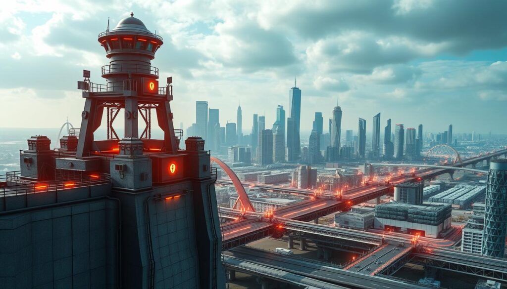 A highly secure blockchain bridge under constant surveillance, with a complex array of firewalls, encryption protocols, and monitoring systems. In the foreground, a digital fortress stands guard, its towering walls reinforced by cutting-edge cryptographic algorithms. In the middle ground, a network of interconnected nodes and gateways facilitate seamless cross-chain transactions, each one meticulously secured against potential threats. The background features a futuristic cityscape, its skyscrapers and infrastructure symbolizing the broader ecosystem that relies on the integrity of these blockchain bridges. The scene conveys a sense of technological sophistication, resilience, and the critical importance of safeguarding the infrastructure that enables blockchain interoperability. A highly secure blockchain bridge under constant surveillance, with a complex array of firewalls, encryption protocols, and monitoring systems. In the foreground, a digital fortress stands guard, its towering walls reinforced by cutting-edge cryptographic algorithms. In the middle ground, a network of interconnected nodes and gateways facilitate seamless cross-chain transactions, each one meticulously secured against potential threats. The background features a futuristic cityscape, its skyscrapers and infrastructure symbolizing the broader ecosystem that relies on the integrity of these blockchain bridges. The scene conveys a sense of technological sophistication, resilience, and the critical importance of safeguarding the infrastructure that enables blockchain interoperability.