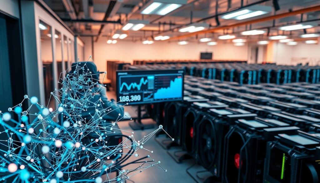 A laboratory setting with a sleek, futuristic aesthetic. In the foreground, an array of machine learning models in the form of neural networks, their intricate architectures illuminated by soft, warm lighting. In the middle ground, a data visualization dashboard displays real-time performance metrics, graphs, and charts. The background features a panoramic view of a bustling crypto mining operation, with rows of high-performance GPU rigs and cooling systems. The overall mood is one of innovation, efficiency, and technological prowess, reflecting the power of AI-driven optimization in the world of crypto mining.