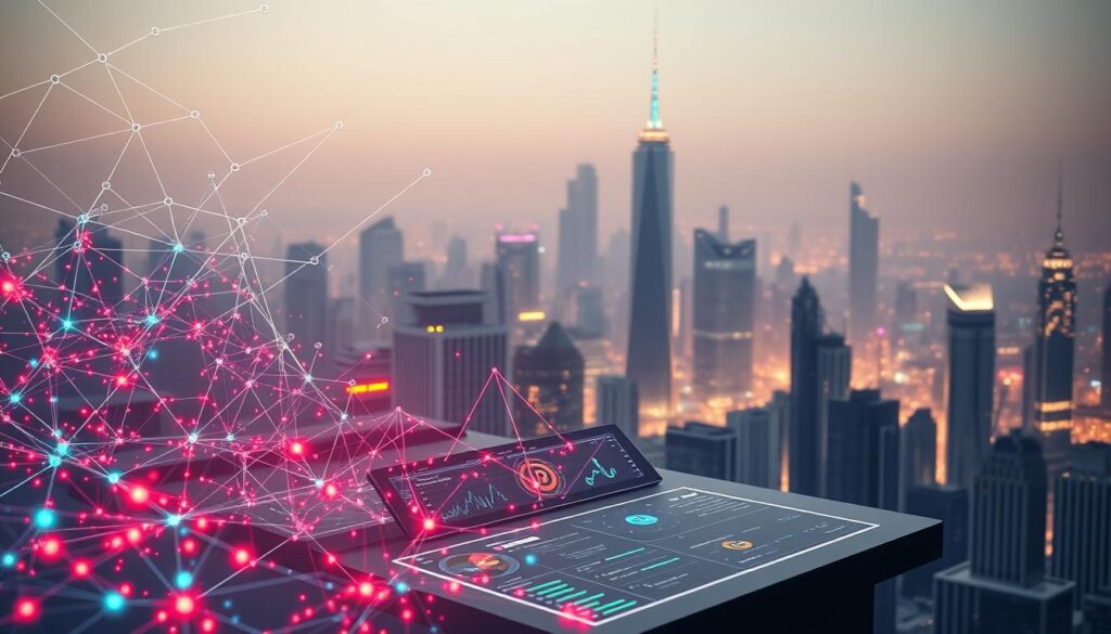A large, complex blockchain network rendered in a realistic, three-dimensional style. The foreground features a detailed, holographic-like visualization of blockchain transactions, with nodes and connections pulsing with vivid colors. The middle ground shows a sleek, minimalist control panel with various analytics and monitoring tools. The background depicts a futuristic city skyline, with towering skyscrapers and a hazy, atmospheric lighting that conveys a sense of scale and depth. The overall scene radiates a feeling of technological sophistication and trustworthy data integrity.