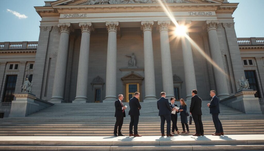 A large, imposing government building with a grand, classical facade made of marble and granite. Sunlight casts long shadows across the steps leading up to the grand entrance. In the foreground, a group of suited professionals engaged in discussion, their expressions serious as they review legal documents. Intricate carvings and statues adorn the building, symbolizing the weight of law and authority. The scene conveys a sense of solemn formality, where important decisions are made under the watchful eye of regulatory oversight. A lens flare from the sun creates a soft, hazy glow, adding an air of gravitas to the proceedings. The overall mood is one of reverence for the processes of compliance and governance.