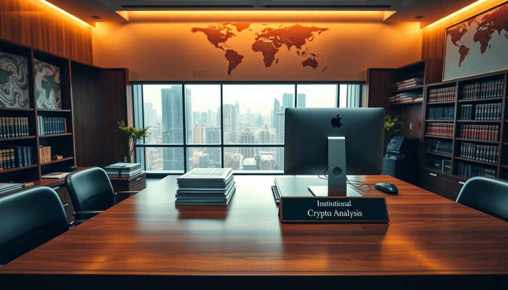 A large mahogany desk dominates the foreground, adorned with a sleek desktop computer, a stack of financial reports, and a nameplate that reads "Institutional Crypto Analysis". In the middle ground, a panoramic window overlooks a bustling cityscape, hinting at the global scale of crypto markets. The lighting is warm and professional, casting a thoughtful glow over the scene. In the background, shelves filled with investment tomes and a world map on the wall emphasize the intellectual rigor and international perspective of this institutional crypto analysis workspace. An air of analytical precision and institutional authority pervades the atmosphere.