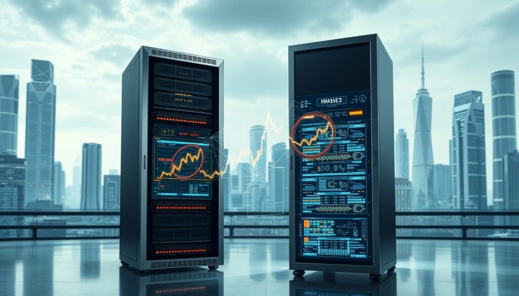 A large, sleek server rack stands in the foreground, its gleaming metal panels housing a cutting-edge blockchain database system. In the middle ground, holographic displays show intricate data visualizations, highlighting optimization techniques like sharding, parallelization, and caching. The background is a futuristic cityscape, with towering skyscrapers and glowing, interconnected networks pulsing with the energy of a highly efficient blockchain ecosystem. Soft, directional lighting casts dramatic shadows, emphasizing the technological prowess of this advanced blockchain database solution.