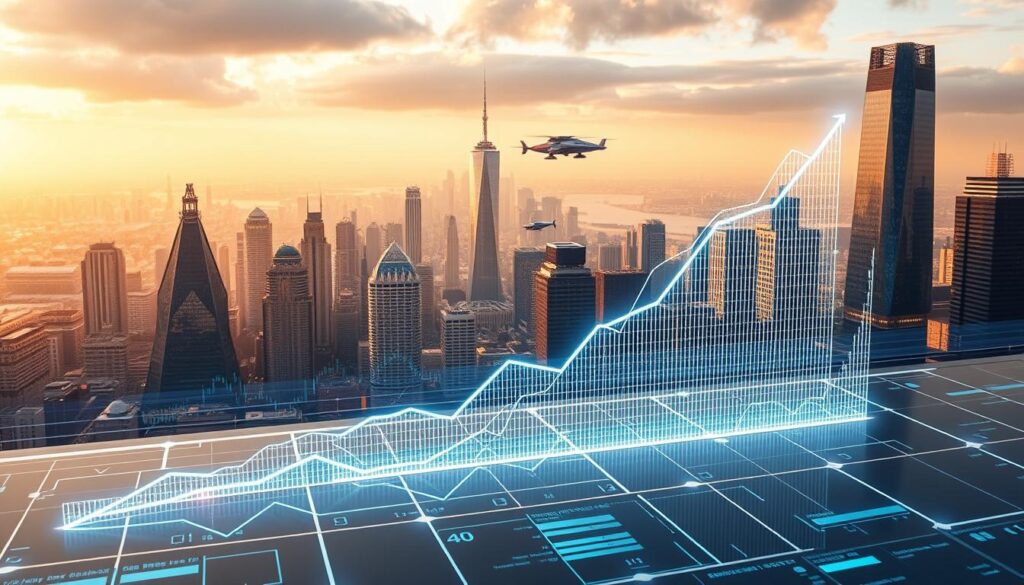 A long-term investment chart depicting the steady rise of a cryptocurrency, set against a backdrop of a futuristic cityscape. The chart is prominently displayed in the foreground, rendered in gleaming metallic tones with clean, minimalist lines. In the middle ground, holographic data visualizations and virtual interfaces suggest a technologically advanced environment. The background features a panoramic view of a gleaming metropolis, with skyscrapers and hovering vehicles bathed in a warm, golden light, conveying a sense of progress and prosperity. The overall composition should evoke a feeling of confident, long-term growth and optimism for the future of digital assets.
