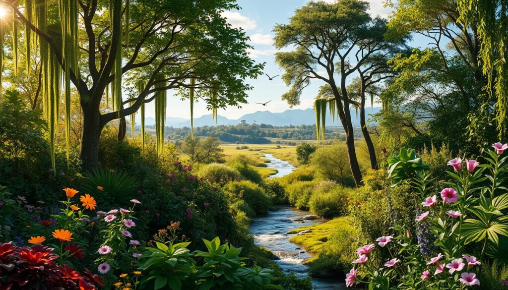 A lush, verdant ecosystem teeming with life. In the foreground, a diverse array of flora – vibrant flowers, towering trees, and cascading vines. Dappled sunlight filters through the canopy, casting a warm, golden glow over the scene. In the middle ground, a pristine stream meanders through the landscape, its crystal-clear waters reflecting the surrounding greenery. Overhead, birds soar gracefully, their calls echoing through the tranquil air. In the distance, rolling hills and towering mountains rise up, creating a serene and majestic backdrop. The overall atmosphere is one of balance, harmony, and the interconnectedness of all living things.