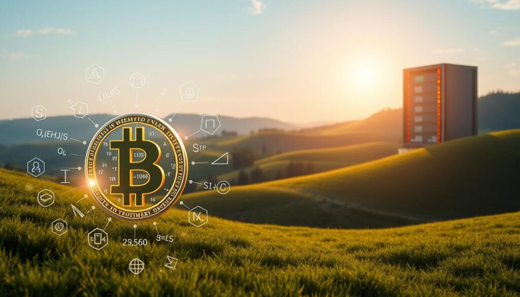 A lush, verdant landscape with rolling hills and a clear sky. In the foreground, a 3D model of a cryptocurrency token takes shape, its digital edges gleaming with a metallic sheen. Around it, intricate algorithms and mathematical symbols float, representing the complex processes of token creation and distribution. In the middle ground, a team of data scientists and blockchain engineers collaborate, their faces illuminated by holographic displays showcasing token allocation and transaction flows. In the background, a towering blockchain node server casts a warm, ambient glow, symbolizing the decentralized infrastructure that powers the token ecosystem.