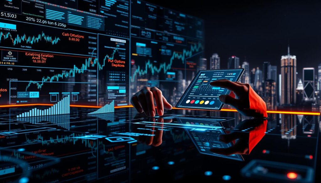 A mesmerizing mosaic of crypto options strategies unfolds in a sleek, futuristic setting. In the foreground, holographic charts and graphs depicting call options, put options, and exotic derivatives dance across a glossy black surface. The middle ground features a trio of hands skillfully navigating a digital trading interface, bathed in a cool, neon-tinged glow. The background is a dreamscape of shimmering, low-poly cityscape silhouettes, suggesting the interconnectedness of the crypto ecosystem. Crisp, high-contrast lighting casts dramatic shadows, creating a sense of depth and dynamism. The overall mood is one of precision, power, and the boundless potential of decentralized finance. A mesmerizing mosaic of crypto options strategies unfolds in a sleek, futuristic setting. In the foreground, holographic charts and graphs depicting call options, put options, and exotic derivatives dance across a glossy black surface. The middle ground features a trio of hands skillfully navigating a digital trading interface, bathed in a cool, neon-tinged glow. The background is a dreamscape of shimmering, low-poly cityscape silhouettes, suggesting the interconnectedness of the crypto ecosystem. Crisp, high-contrast lighting casts dramatic shadows, creating a sense of depth and dynamism. The overall mood is one of precision, power, and the boundless potential of decentralized finance.