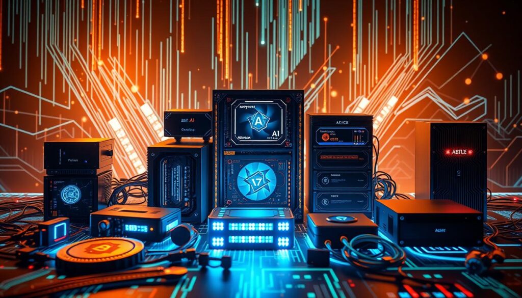 A meticulously crafted arrangement of diverse decentralized computing devices, including futuristic blockchain nodes, AI training rigs, and edge computing modules, set against a dynamic backdrop of cascading data streams and geometric digital patterns. The scene is illuminated by warm, diffused lighting, creating a sense of technological sophistication and innovation. The overall composition conveys the seamless integration of decentralized AI training networks within the cryptocurrency ecosystem, showcasing the power and potential of this emerging paradigm.