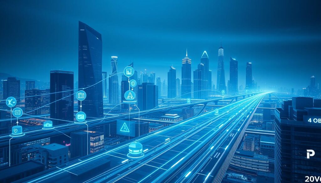 A meticulously crafted blockchain mortgage automation roadmap, rendered in a sleek, high-tech aesthetic. The foreground depicts a streamlined process flow, with interconnected modules representing key stages of the workflow. The middle ground showcases various icons and graphics symbolizing the integration of blockchain technology, smart contracts, and automated processes. In the background, a futuristic cityscape with towering skyscrapers and glowing infrastructure sets the scene, conveying a sense of innovation and technological advancement. The image is bathed in a cool, blue-tinted lighting, creating a sophisticated and futuristic ambiance that reflects the transformative potential of blockchain in the real estate industry.
