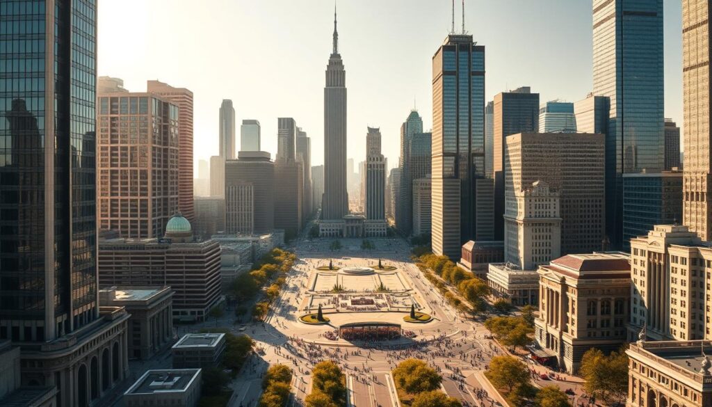 A meticulously crafted city skyline, where towering skyscrapers symbolize the pinnacle of meritocratic governance. Sleek, modern architecture reflects the gleaming brilliance of a system that rewards talent and achievement. Beneath the high-rises, bustling thoroughfares teem with the energy of a thriving, efficient society. The scene is bathed in warm, golden light, conveying a sense of prosperity and progress. In the distance, a magnificent central plaza serves as the hub of this meritocratic utopia, where citizens gather to participate in the democratic process. The overall atmosphere exudes a harmonious balance of order, ambition, and unwavering faith in the power of merit-based institutions.